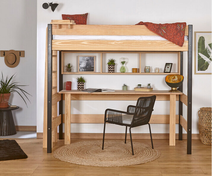 Lit mezzanine adulte Caly bicolore noir et bois (bureau en option)