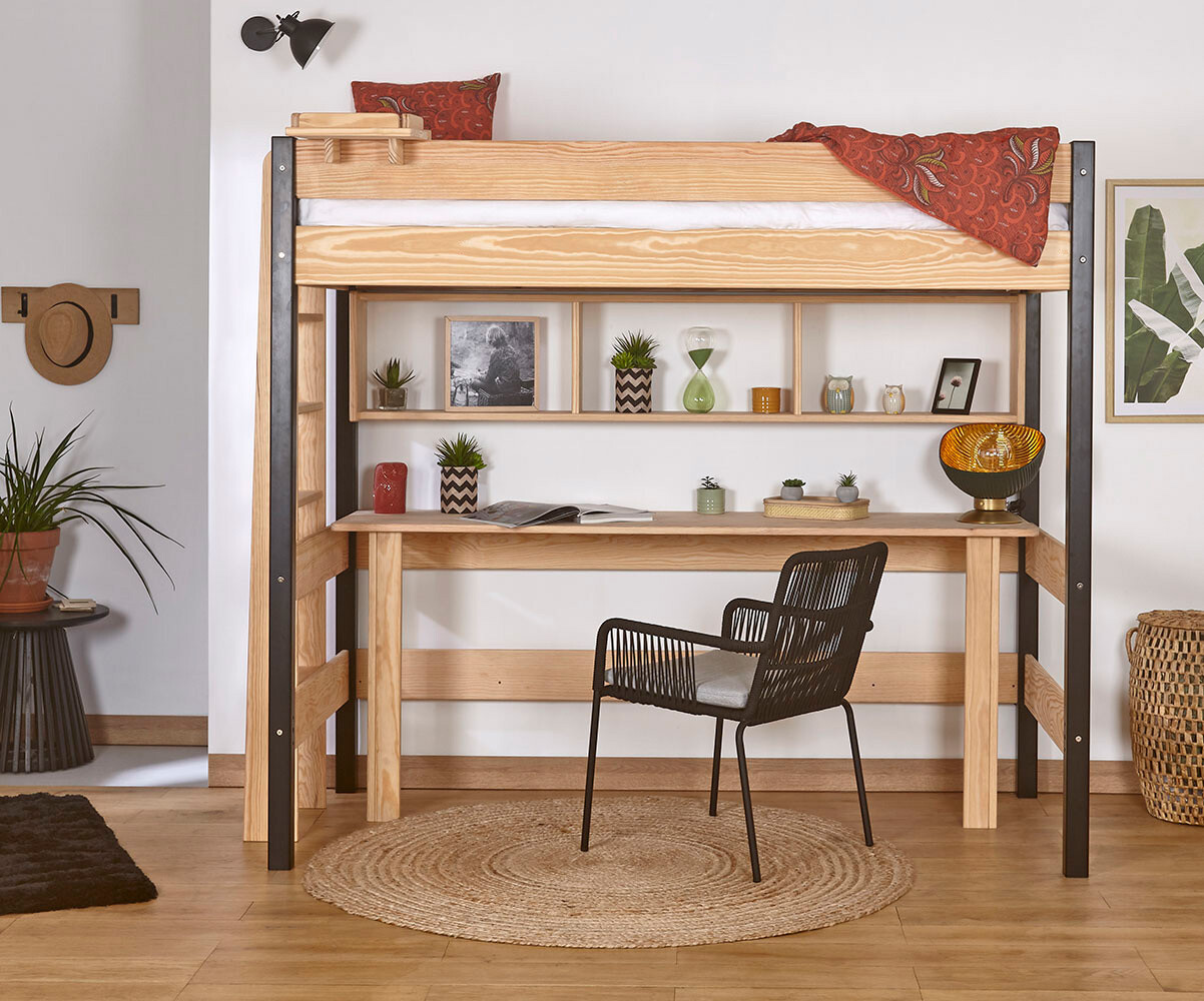 Lit Mezzanine Adulte 90x200 Cm – Bois Massif, Blanc – Porte Sécurité Fenêtrée, Rangement Intégré, échelle Réversible – Capacité 120 Kg
