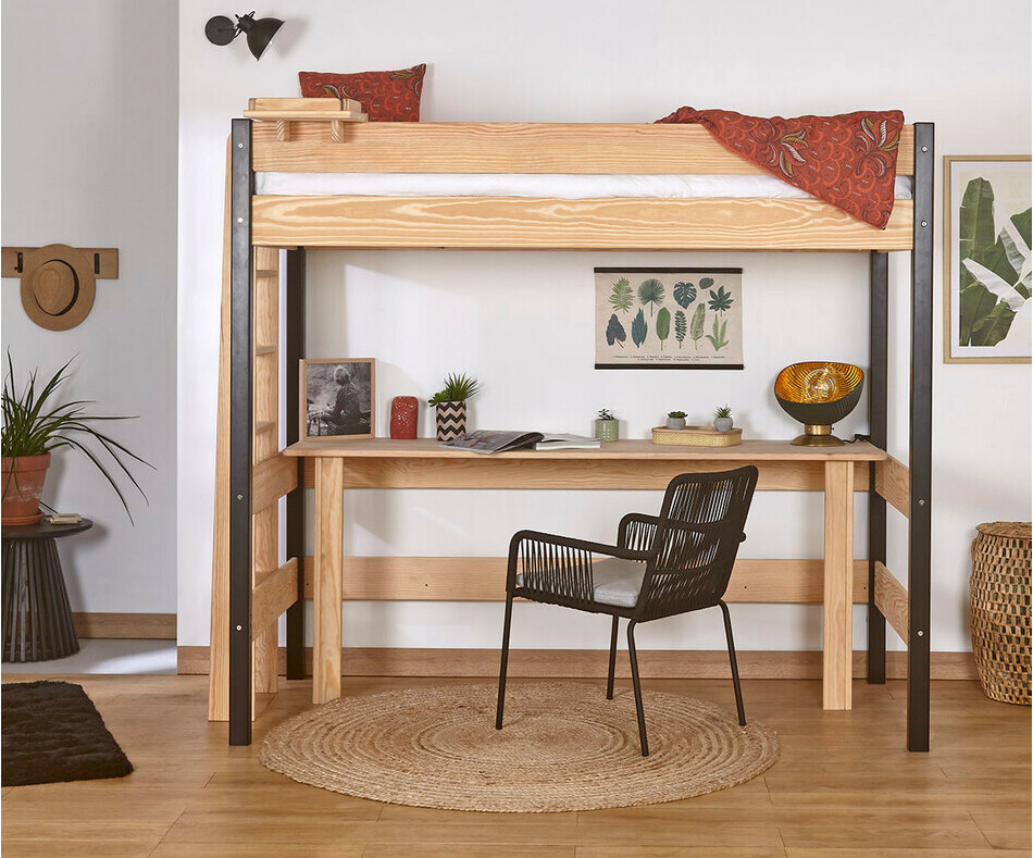 Lit mezzanine enfant Caly bicolore noir et bois avec matelas (bureau en option)