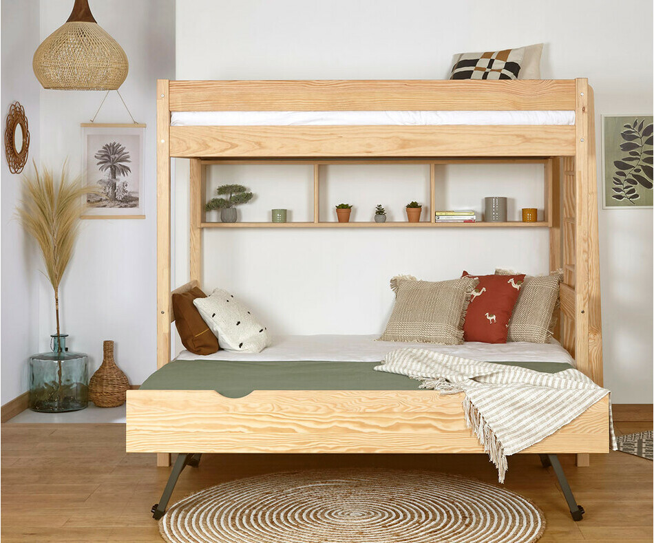 Lit adulte superposé 3 places Caly bois avec sommier gigogne ouvert Lit adulte superposé 3 places Caly bois avec sommier gigogne ouvert