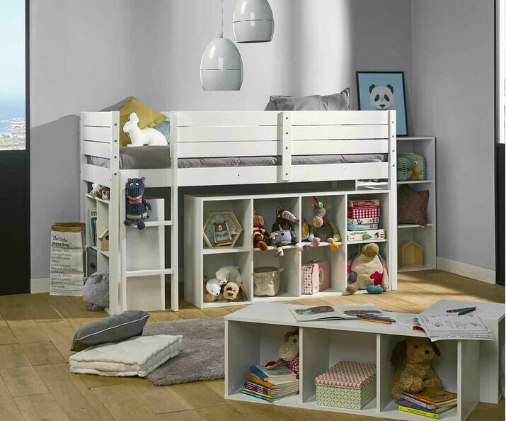 Lit enfant mi hauteur Tamis blanc avec cases de rangement Moov en option