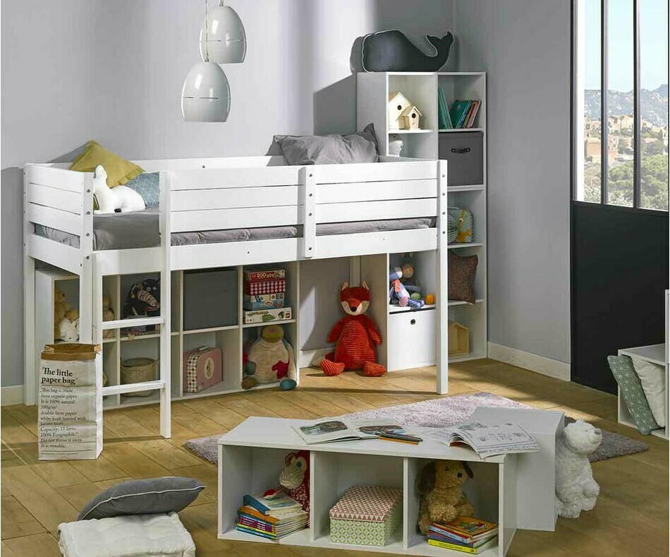 Lit enfant mi hauteur Tamis blanc avec cases de rangement Moov en option 