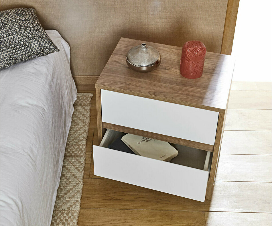Chevet Miana noyer et blanc adulte tiroirs ouvert Chevet Miana noyer et blanc adulte tiroirs ouvert