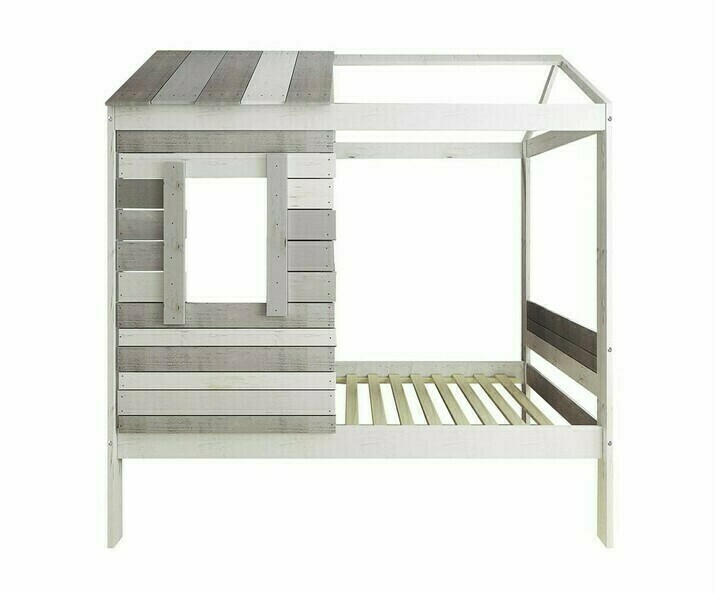 Lit cabane blanc et gris aspect bois sci