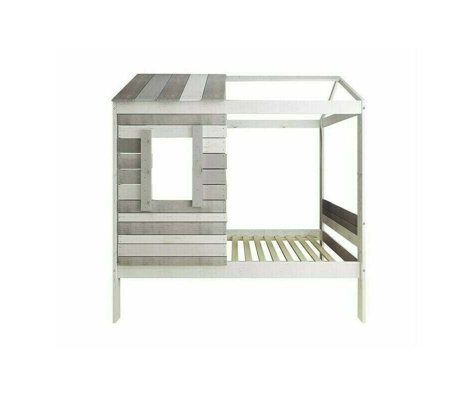 Lit cabane blanc et gris aspect bois sci