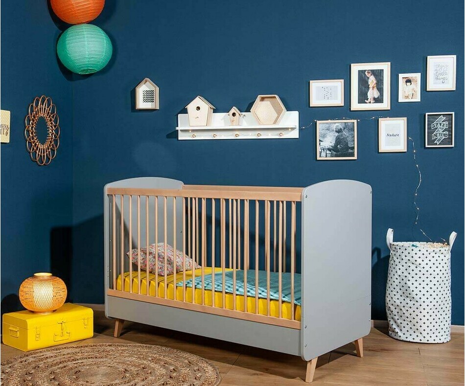 Lit Bb Pipa gris et bois sommier position basse avec matelas