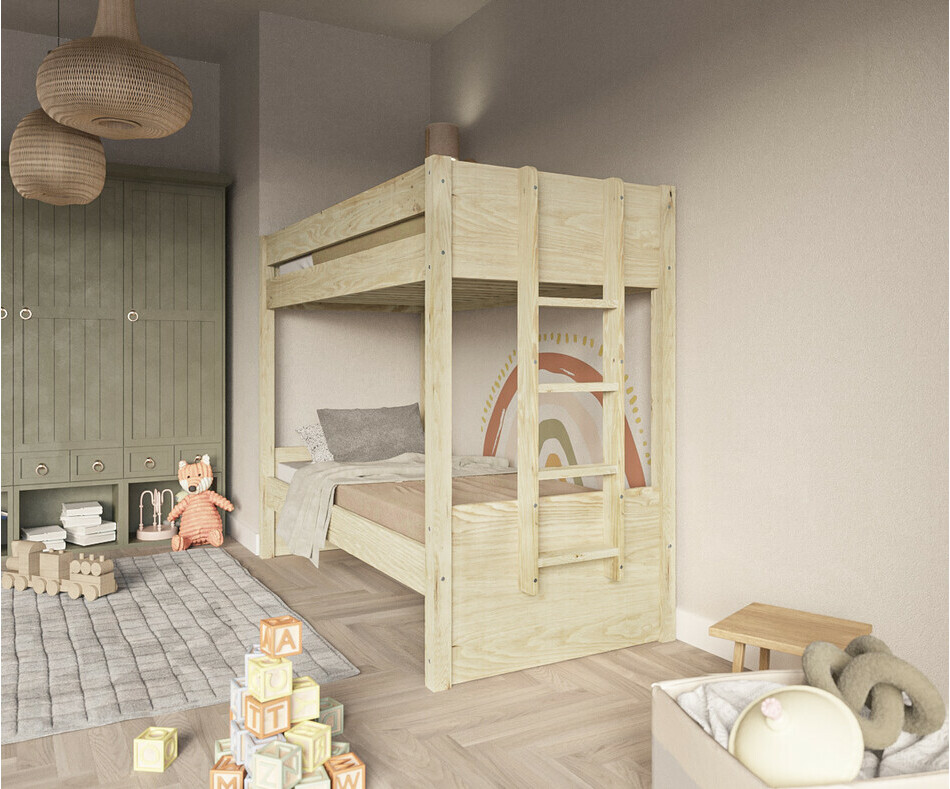 Lit superposé enfant Yudi bois échelle positionnable avec matelas Lit superposé enfant Yudi bois échelle positionnable avec matelas