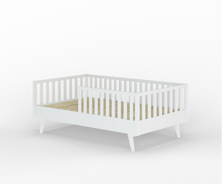 Lit enfant Montessori Capao avec pieds et barrire vue de 3/4 blanc