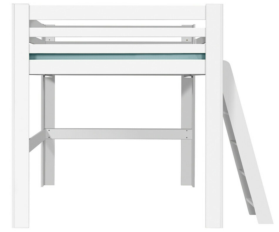 Lit mezzanine blanc de côté version basse avec échelle à droite avec garde corps en option Lit mezzanine blanc de côté version basse avec échelle à droite avec garde corps en option