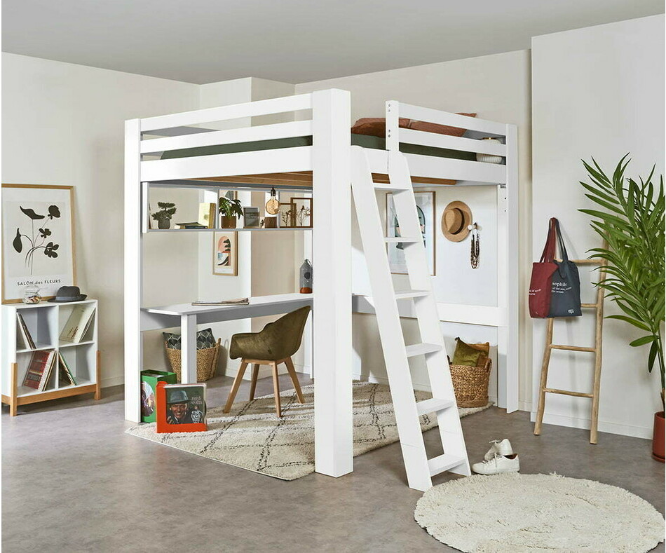 Lit mezzanine Maverick blanc 200x200 avec bureau en option