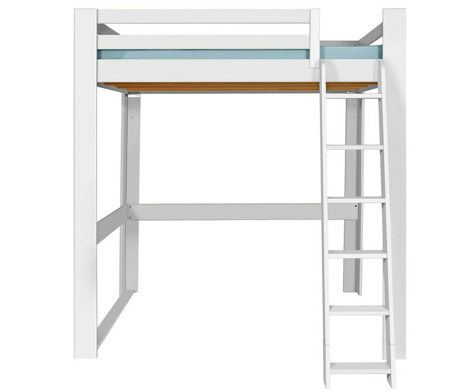 Lit mezzanine blanc de face version haute avec échelle à droite Lit mezzanine blanc de face version haute avec échelle à droite