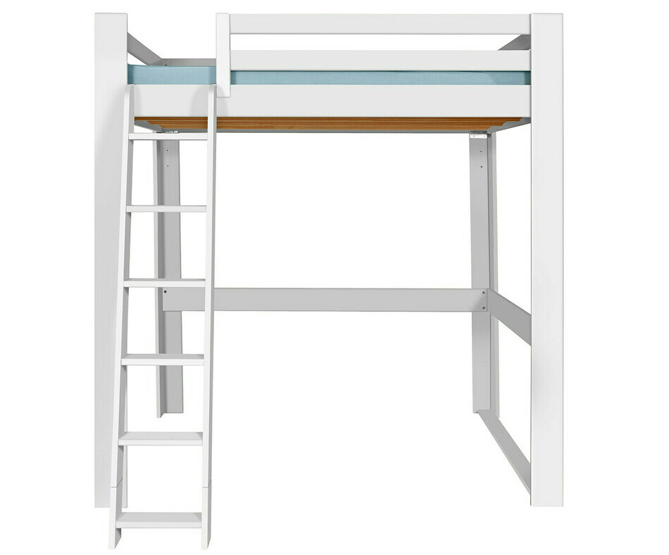 Lit mezzanine blanc de face version haute avec échelle à gauche Lit mezzanine blanc de face version haute avec échelle à gauche