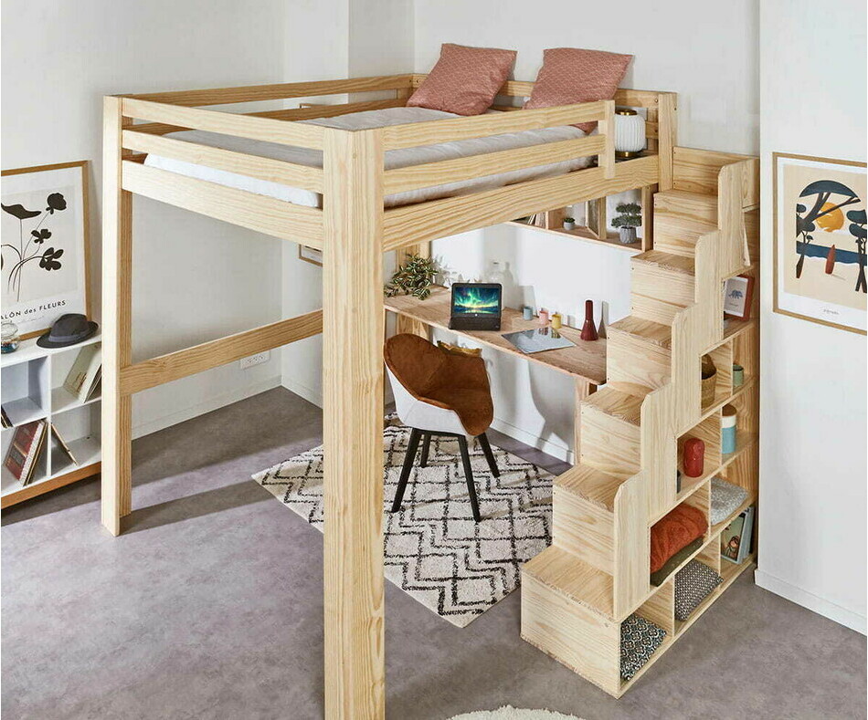 Lit mezzanine bois 200x200 cm avec bureau et escalier inclus Lit mezzanine bois 200x200 cm avec bureau et escalier inclus