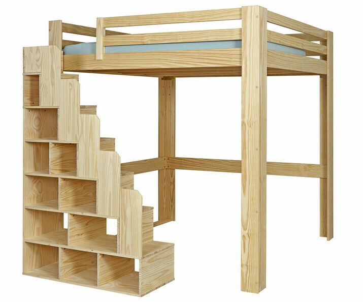Lit mezzanine bois version haute 200x200 cm avec escalier  gauche