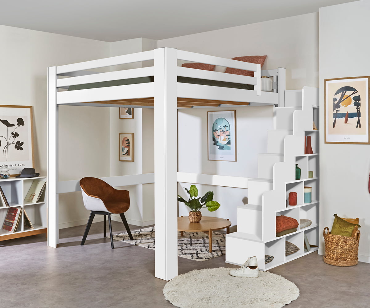 Lit mezzanine 200x200 cm avec escalier et rangement blanc