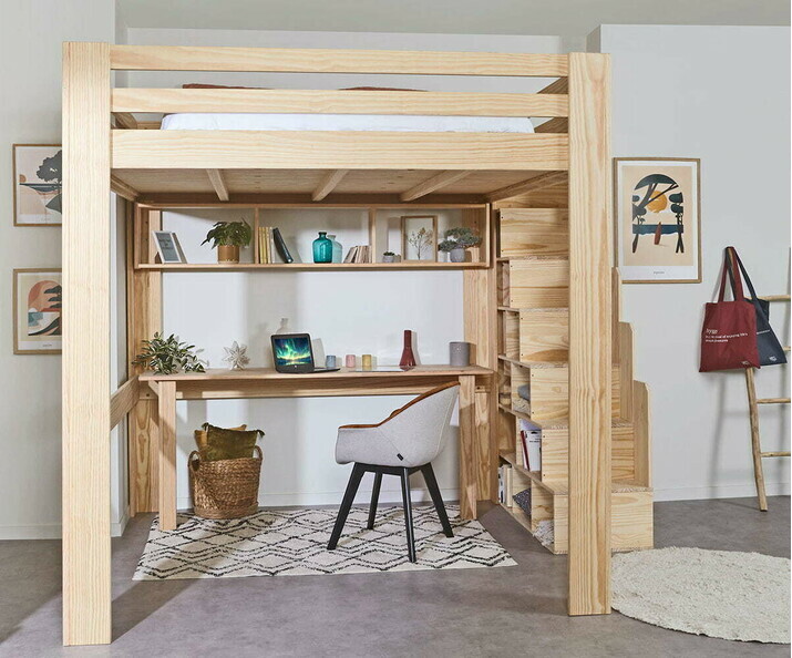 Lit mezzanine escalier 200x200 cm bois avec bureau en option