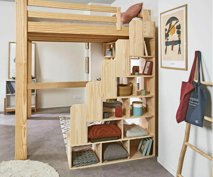 Lit mezzanine escalier bois 200x200 cm positionnable  droite ou  gauche