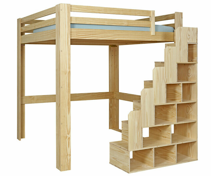 Lit mezzanine bois 200x200 version haute avec escalier  gauche