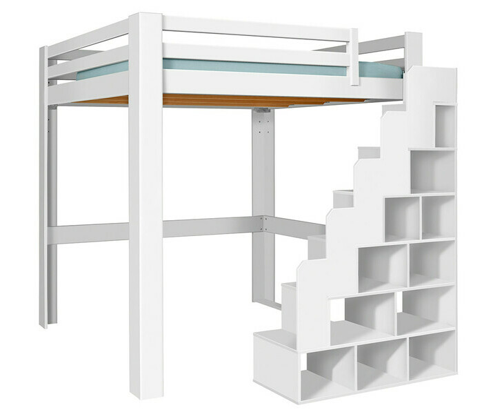 Lit mezzanine blanc version haute 200x200 cm avec escalier  droite