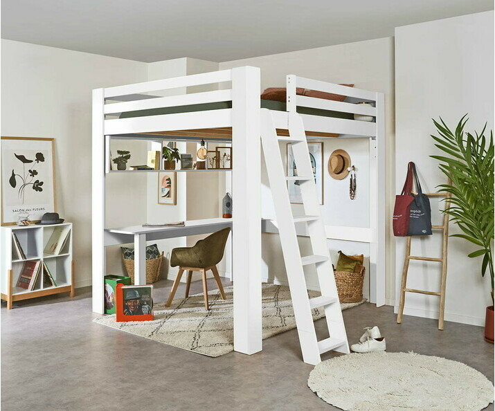 Lit mezzanine Maverick blanc 200x200 avec bureau en option