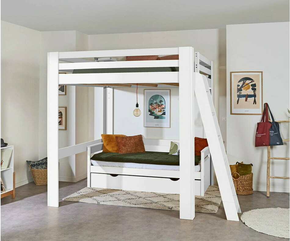  Lit mezzanine Maverick blanc 200x200 avec banquette gigogne en option
