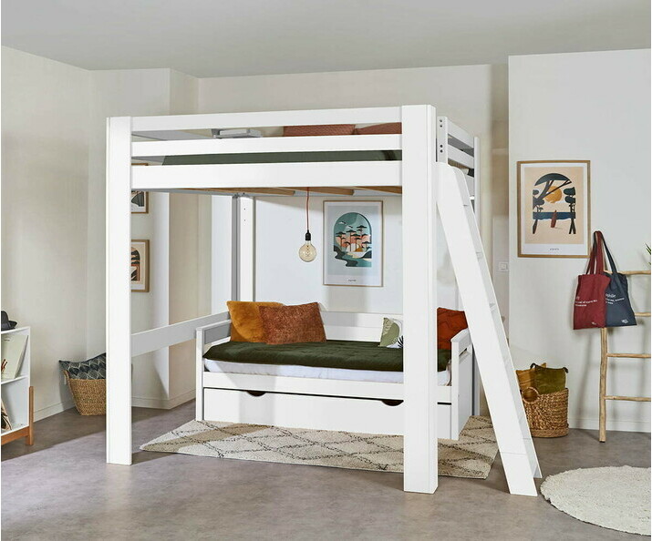 Lit mezzanine Maverick blanc 200x200 avec banquette en option