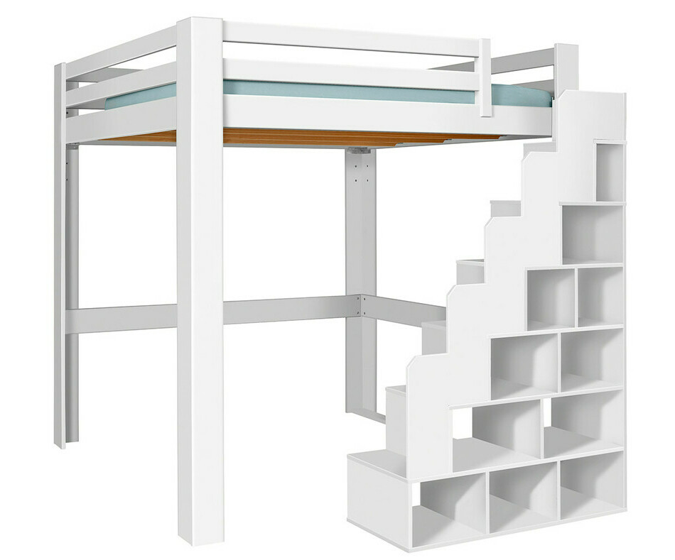 Lit mezzanine blanc 200x200 version haute avec escalier  droite