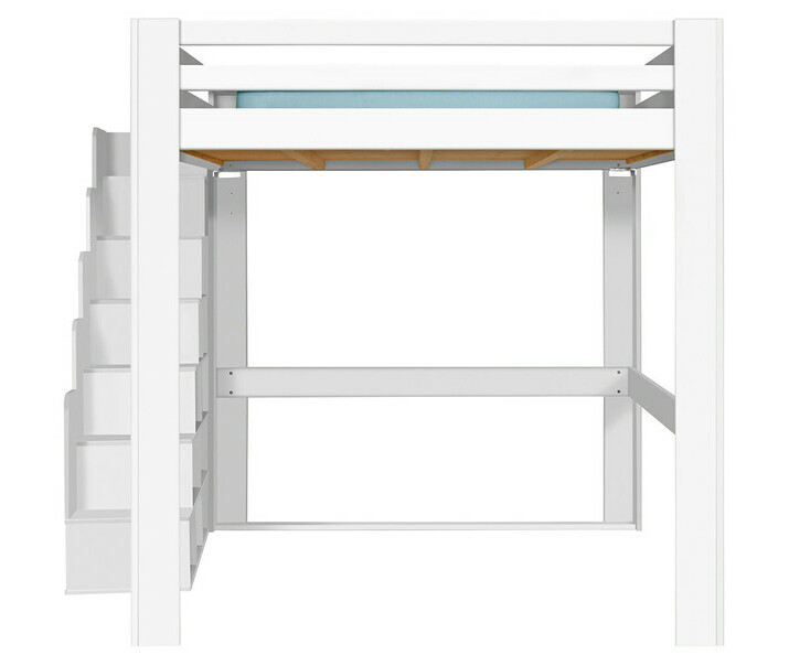 Lit mezzanine blanc 200x200 version haute de face avec escalier  gauche
