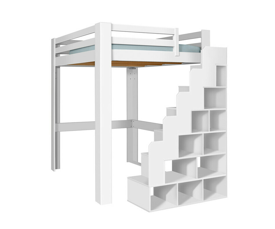 Lit mezzanine blanc 160x200 version basse avec lot de 3 garde corps en option