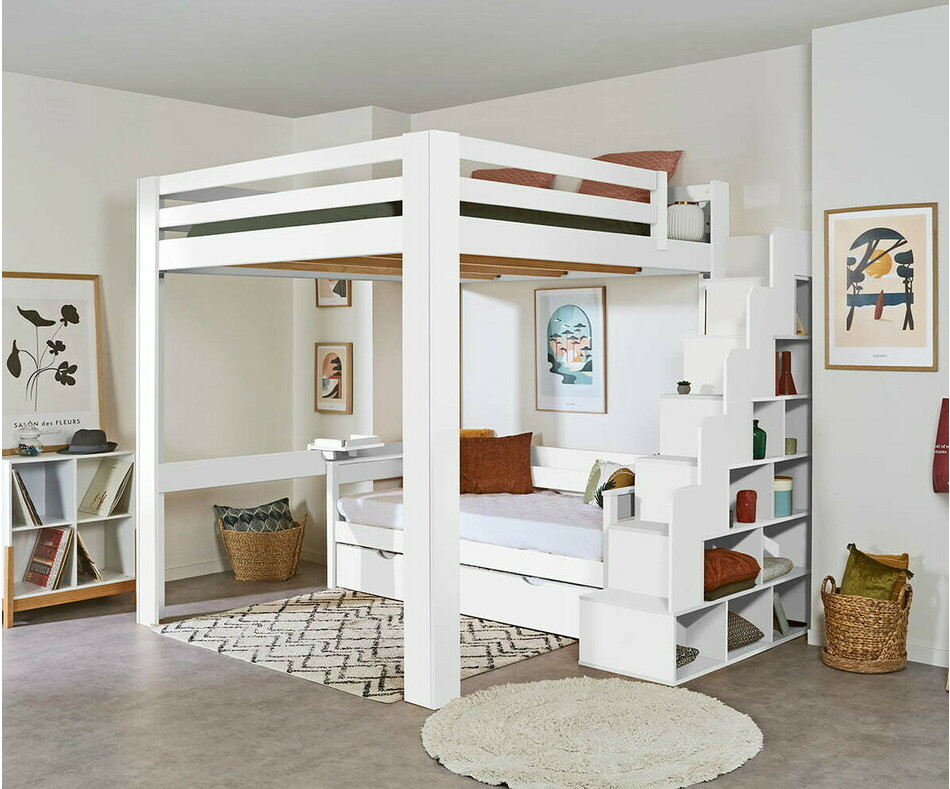 Lit mezzanine blanc avec banquette gigogne Mlo en option