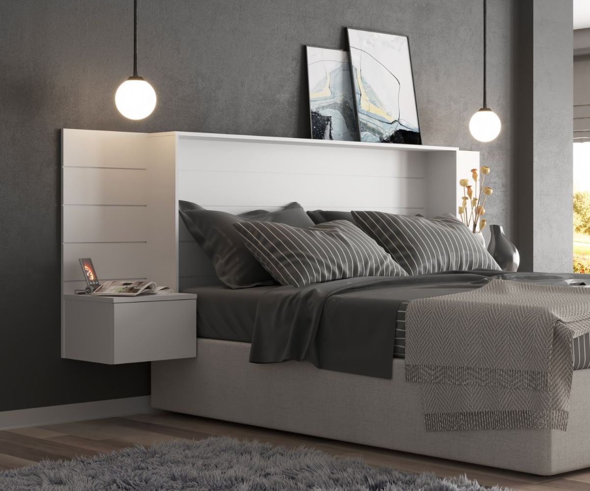 T�te de lit Fara avec chevets int�gr�s blanche