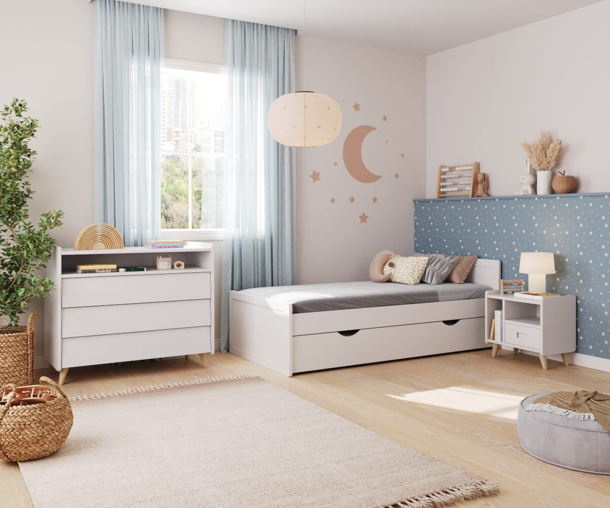 Chambre d'enfant avec lit montessori blanc, matelas et tiroir en option