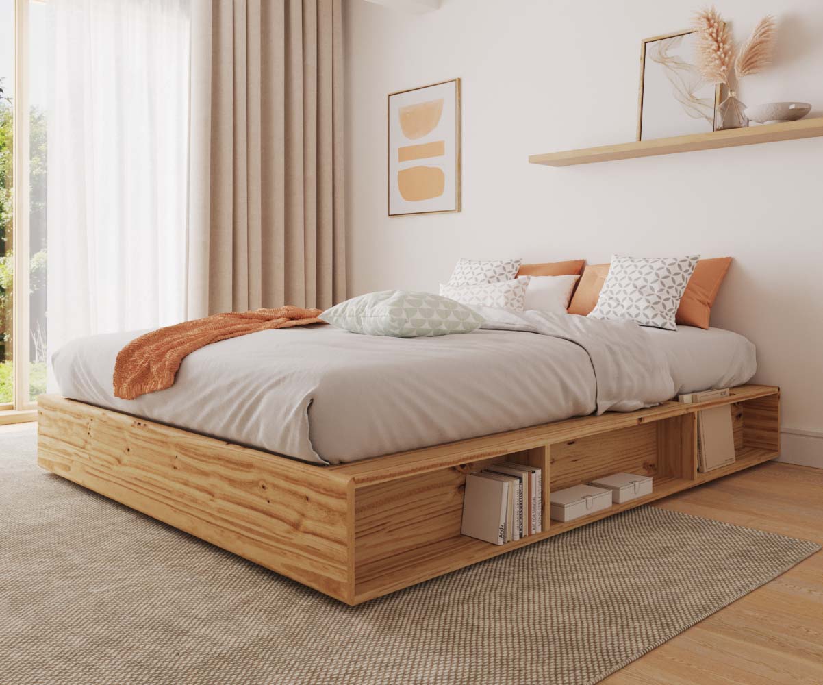 Lit double Fabbie bois naturel avec rangements