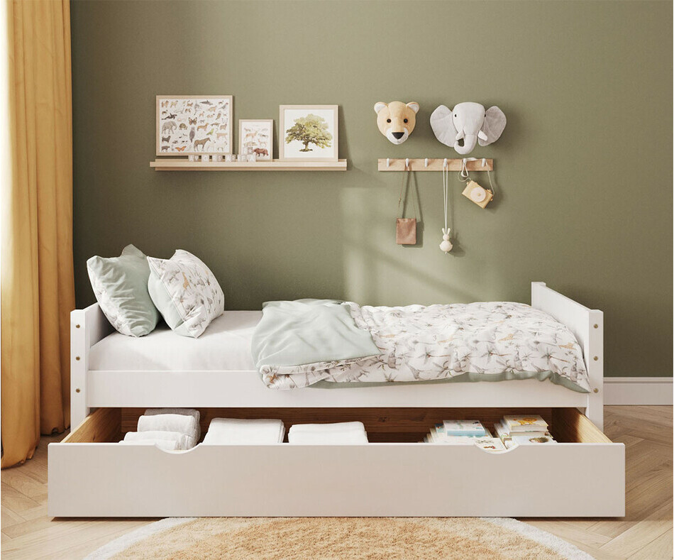 Lit enfant Combeebed blanc avec tiroir ouvert