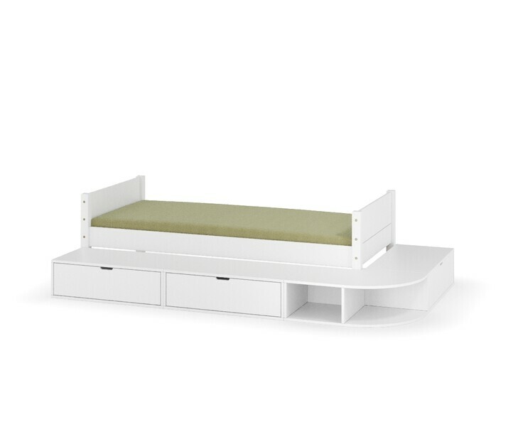 Lit enfant Combeebed blanc avec 1 coffre, 2 tiroirs et tagres