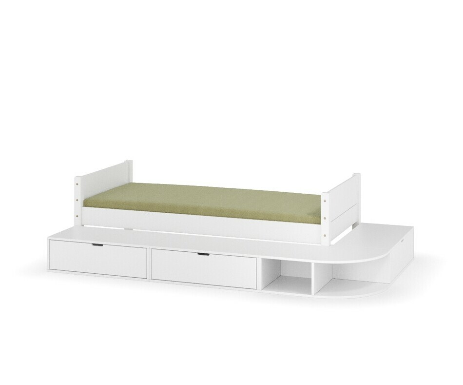 Lit enfant Combeebed blanc avec 1 coffre, 2 tiroirs et tagres