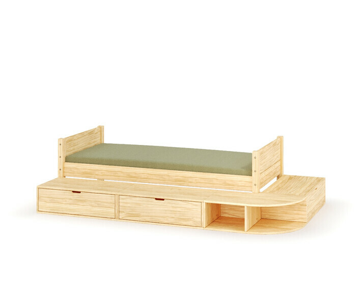 Vue de 3/4 du lit Combeebed enfant bois avec estrade et matelas