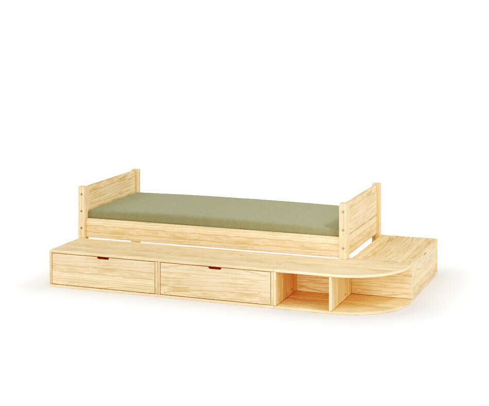 Vue de 3/4 du lit Combeebed enfant bois avec estrade et matelas