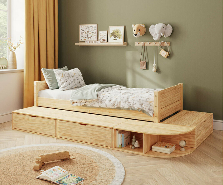 Lit enfant bois avec estrade de rangement et matelas