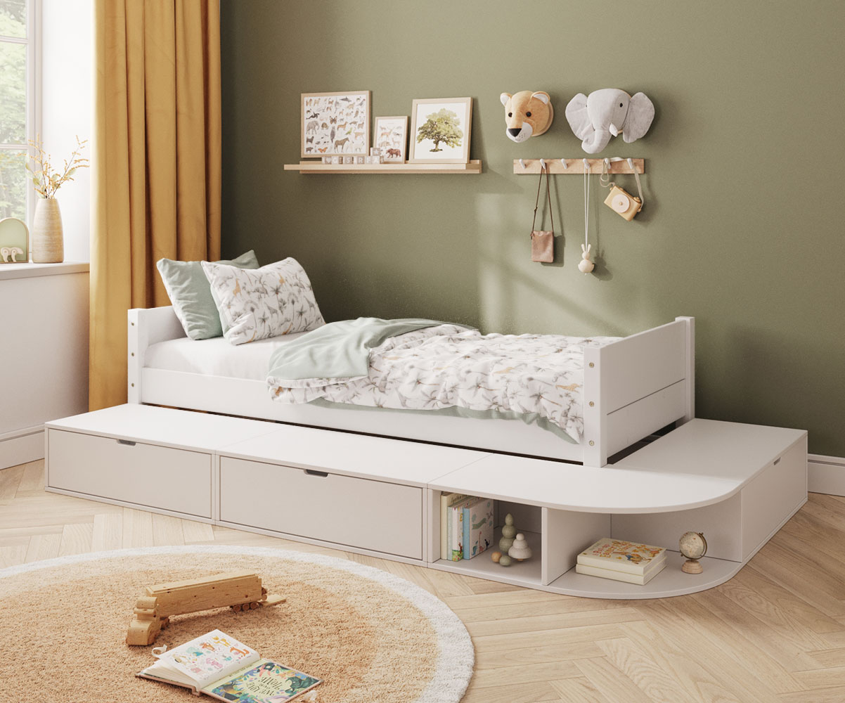 Lit enfant blanc avec estrade de rangement et matelas
