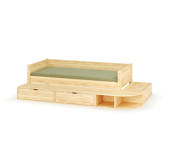 Lit banquette Combeebed bois avec 2 tiroirs, un coffre et une tagre
