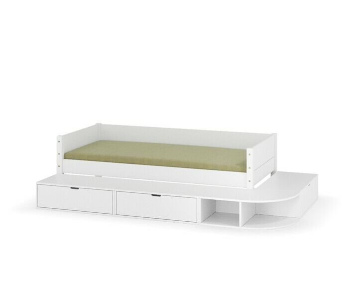 Lit banquette Combeebed blanc avec 2 tiroirs, un coffre et une tagre
