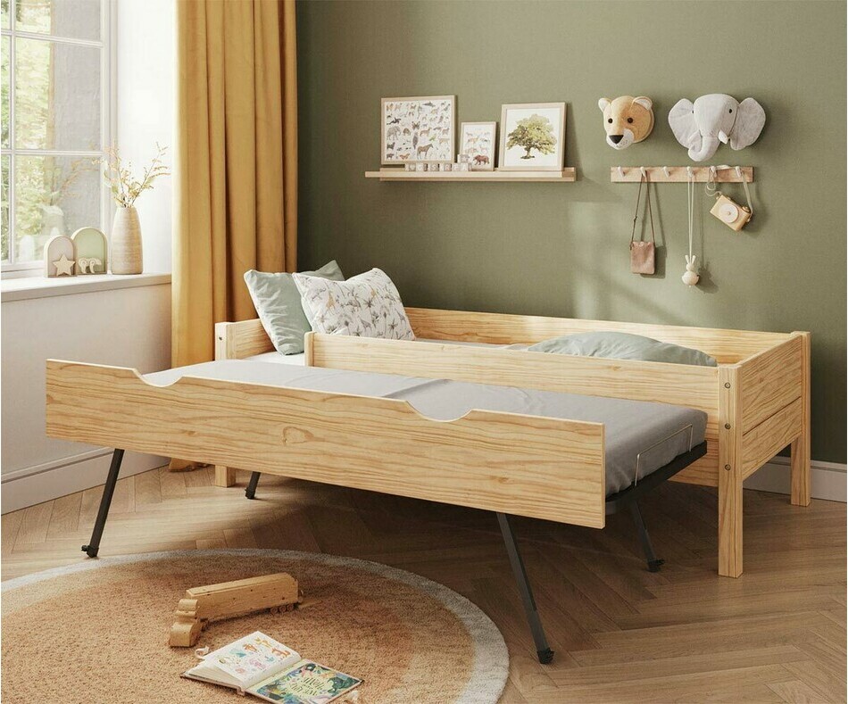 Lit gigogne enfant bois Combeebed avec sommier ouvert et matelas