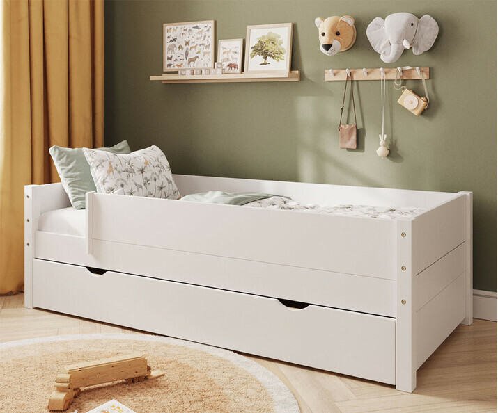 Lit gigogne enfant blanc Combeebed avec barrires, matelas et lot de 2 caches