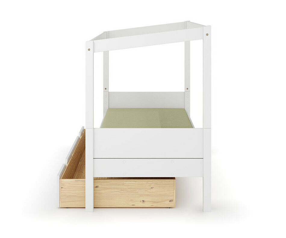Vue de profil du lit cabane blanc avec tiroir - matelas en option