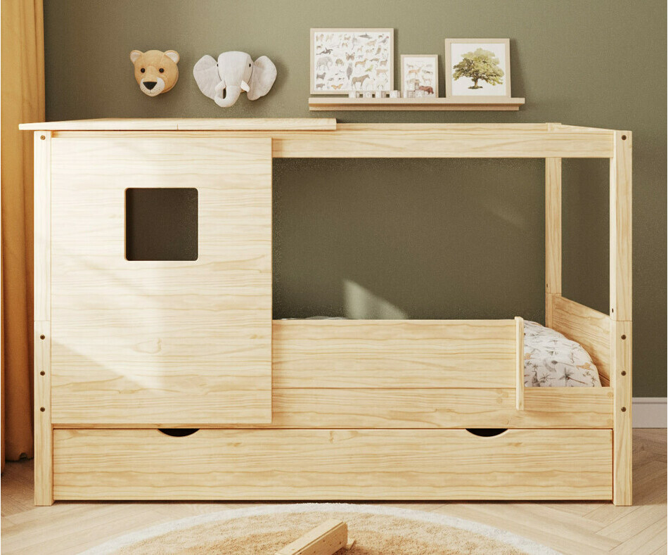 Lit cabane + toit et fentre avec tiroir Combeebed