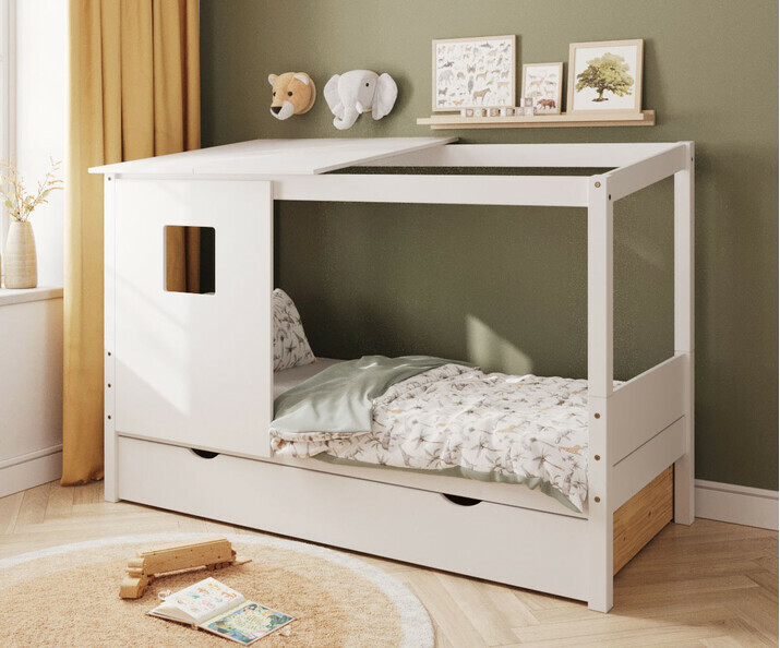 Lit cabane Combeebed + toit et fentre avec tiroir blanc Combeebed + matelas en option