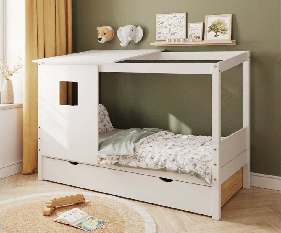 Lit cabane Combeebed + toit et fentre avec tiroir blanc Combeebed + matelas en option