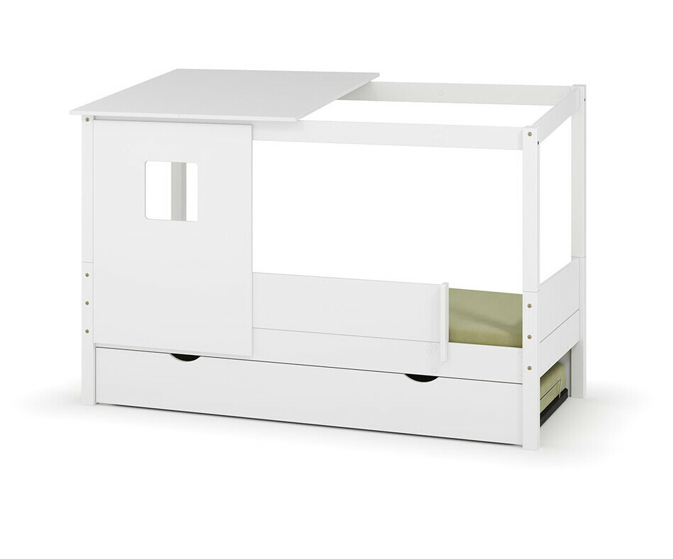 Lit gigogne cabane Combeebed blanc + toit et fenetre + barrière avant - matelas en option Lit gigogne cabane Combeebed blanc + toit et fenetre + barrière avant - matelas en option