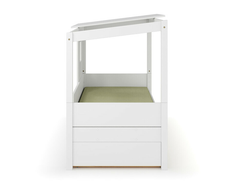 Vue de profil - Lit gigogne cabane Combeebed blanc + toit et fenetre + barrière avant - matelas en option Vue de profil - Lit gigogne cabane Combeebed blanc + toit et fenetre + barrière avant - matelas en option